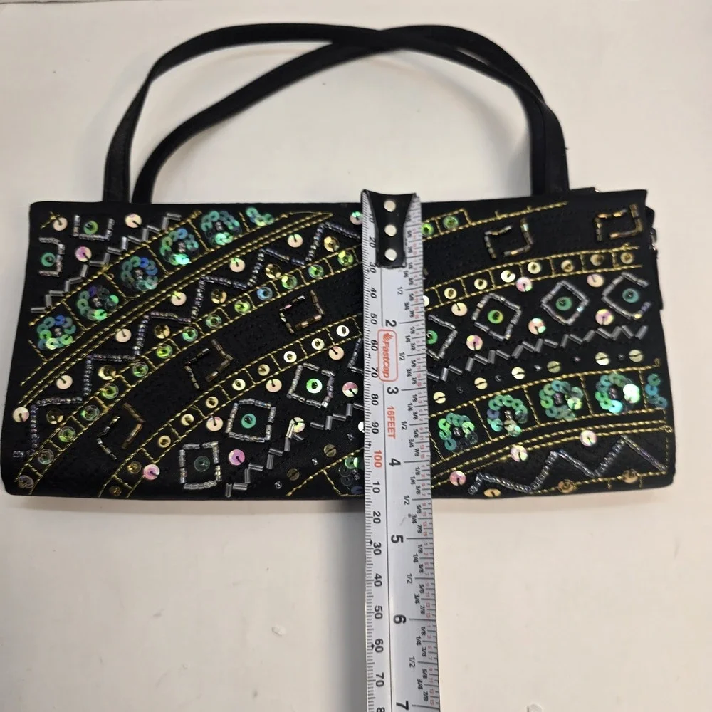 Vtg Beaded Sequin Black Satin Evening Clutch‎ Bag Green Gold Geometric Handbag